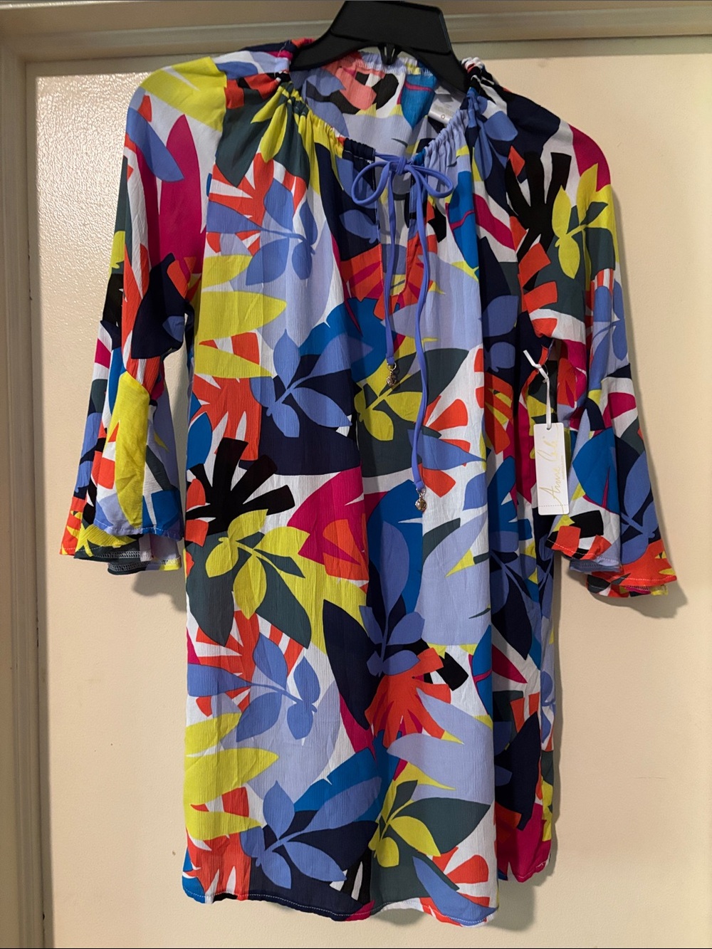 Anne Cole Multicolor Tropical Leaf Peasant Top